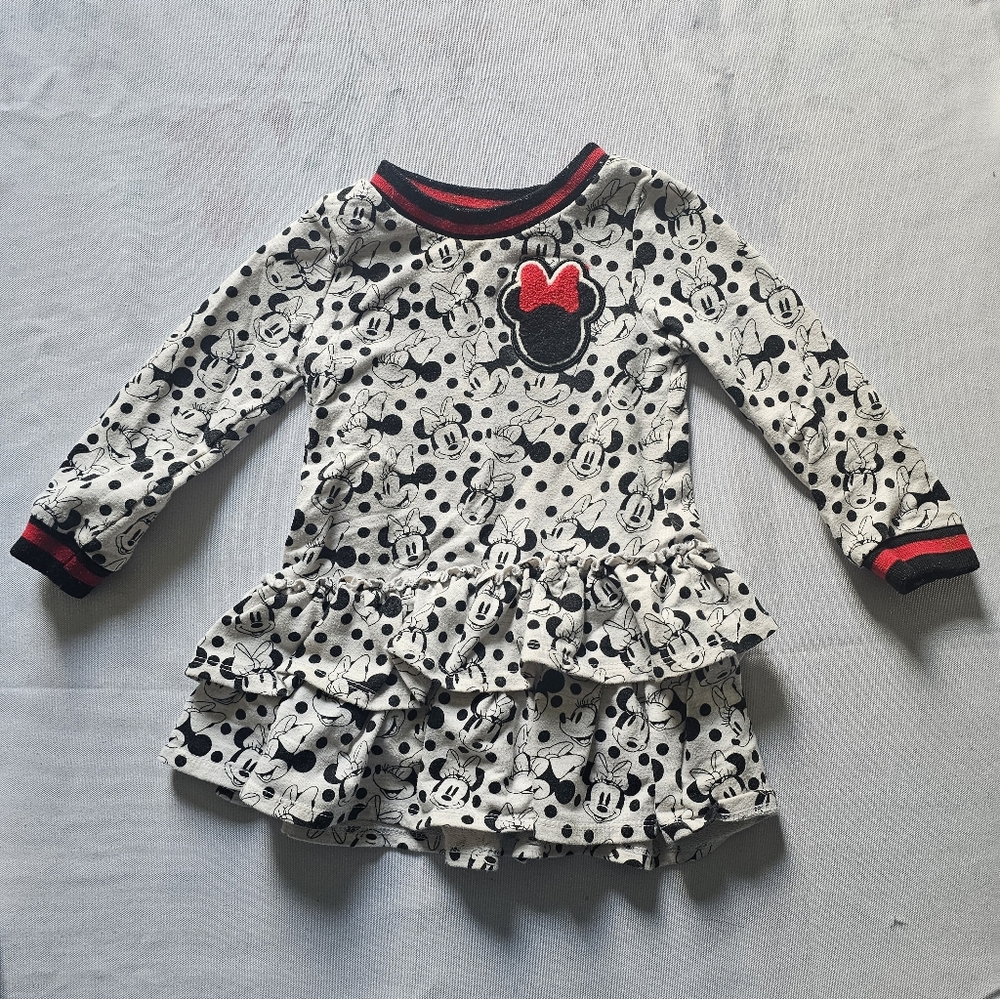 Minnie Mouse Girls Ruffle Dress Size 2T Black & White Long Sleeve